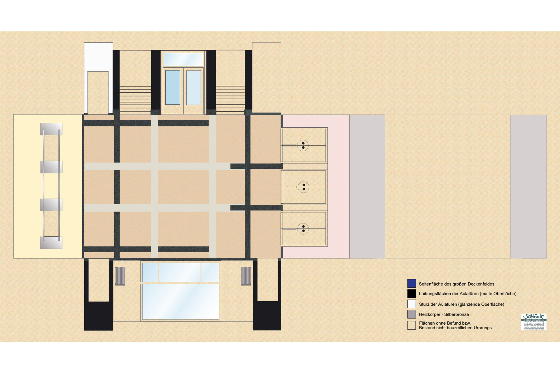 Restaurierung, Farbkonzept, Bestandsanalyse - Dessau, Bauhausgebäude, Foyer Werkstattflügel