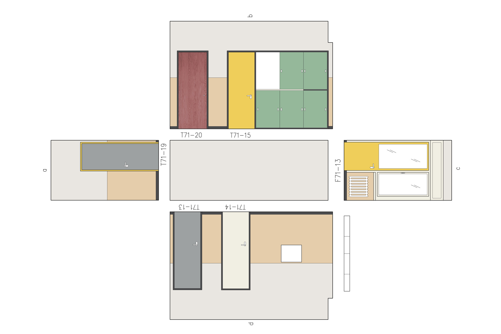 Restaurierung, Fachplanung, Bestandsanalyse, Farbkonzept - Dessau, Meisterhaus Kandinsky Klee, Farbkonzept Spüle Haus Klee